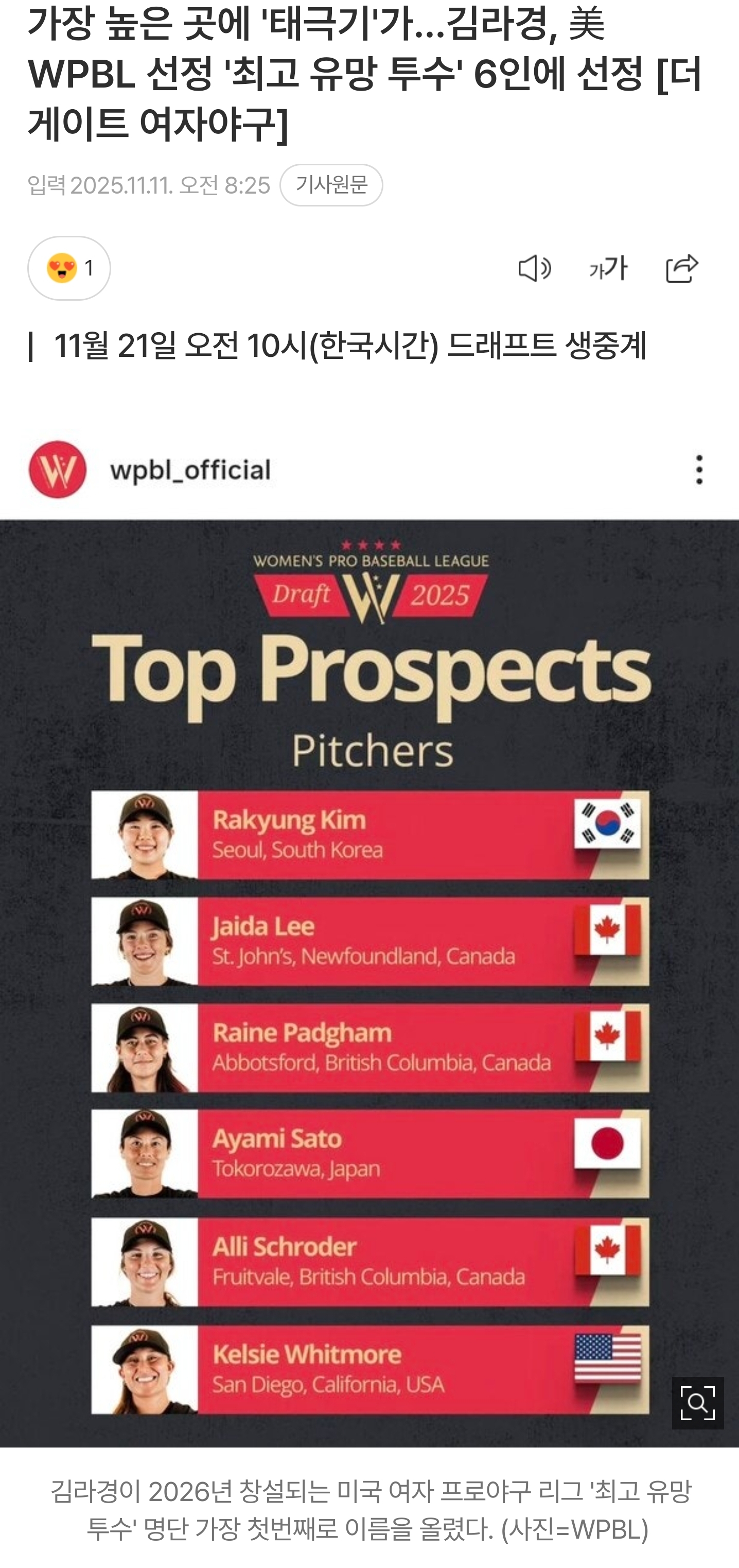 가장-높은-곳에-'태극기'가...김라경,-美-WPBL-선정-'최고-유망-투수'-6인에-선정-[더게이트-여자야구]-0-이미지