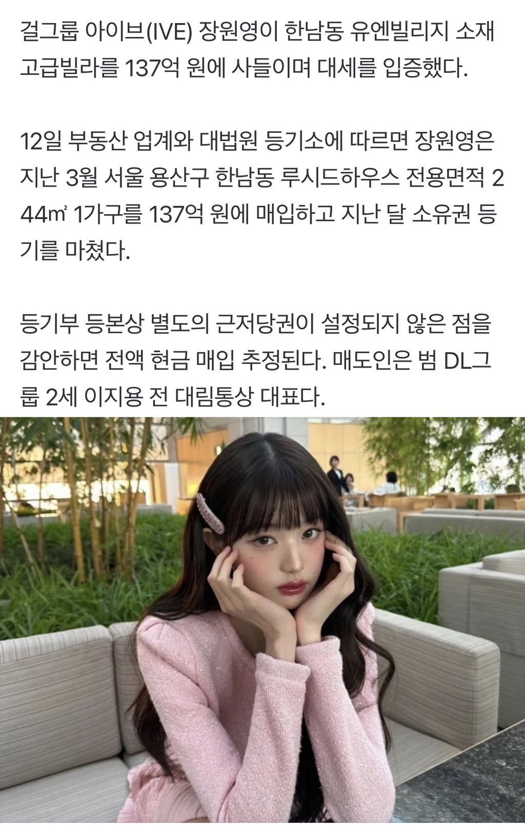 [단독]-'21세'-장원영,-137억-한남동-빌라-전액-현금으로-샀다-0-이미지