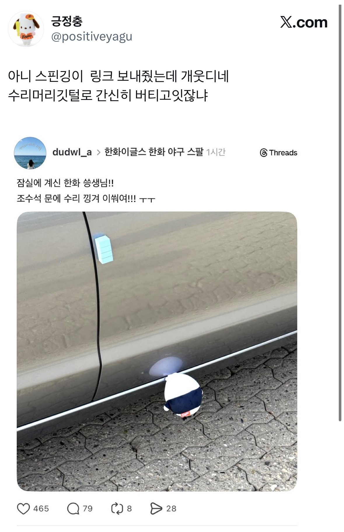 잠실에-있는-한화-팬분-차-조수석-문에-수리-인형-머리채가-잡혀있습니다-빨리-구출-바랍니다-곧-탈출할것-같습니다-1-이미지