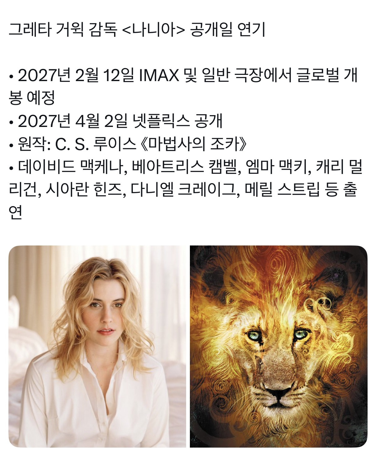 그레타-거윅-감독-＜나니아＞-공개일-연기-0-이미지