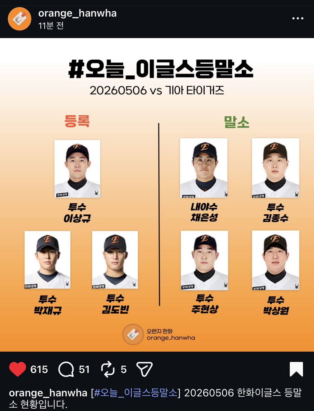 한화이글스-오늘자(05/06)라인업-및-등말소-2-이미지