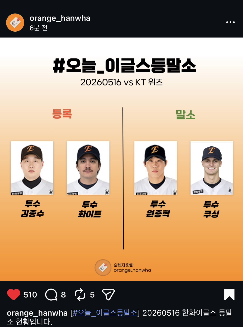 한화이글스-오늘자(05/16)-라인업-및-등말소-3-이미지