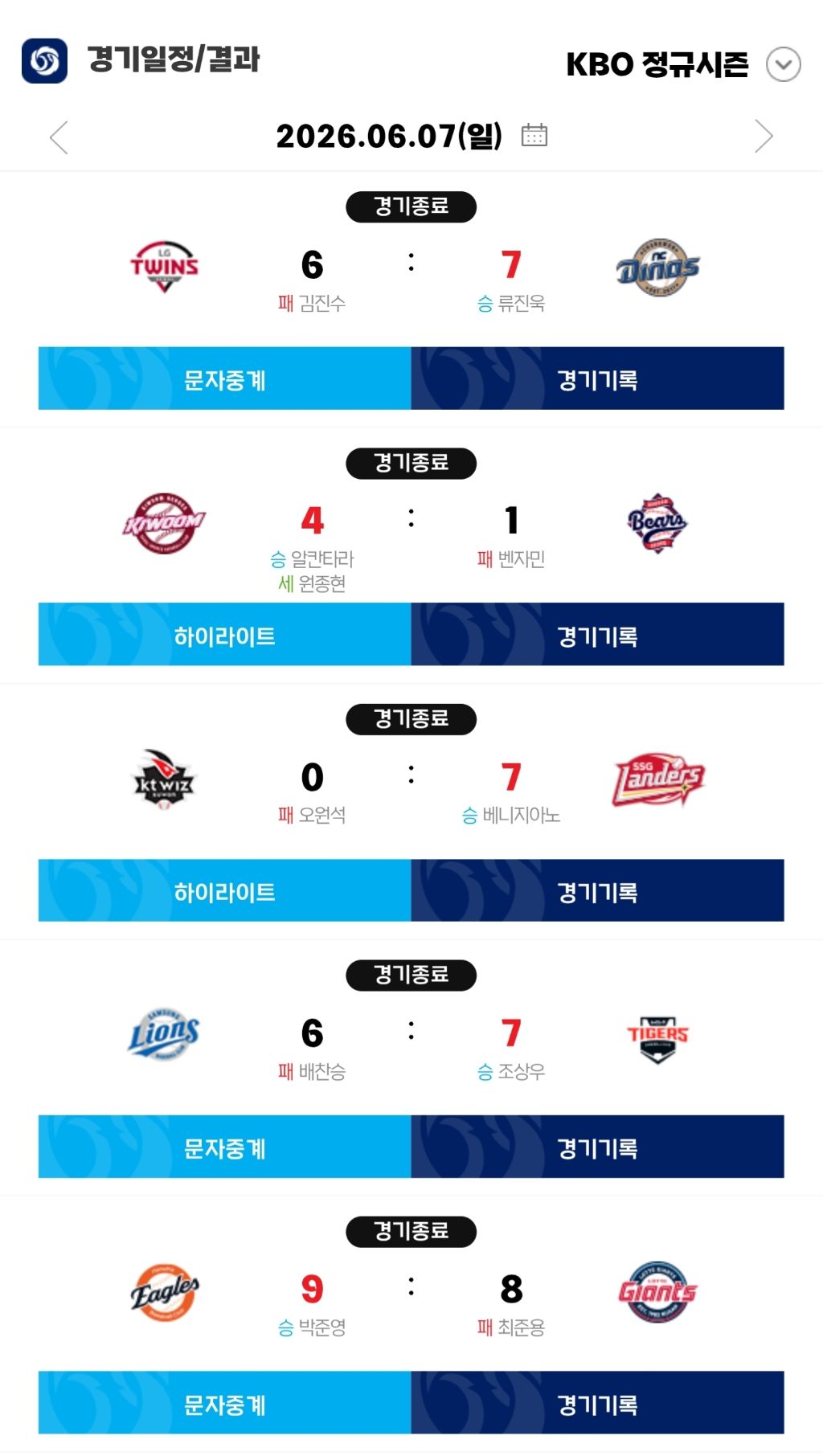 6월-7일(일)-경기-결과-&-팀-순위-0-이미지