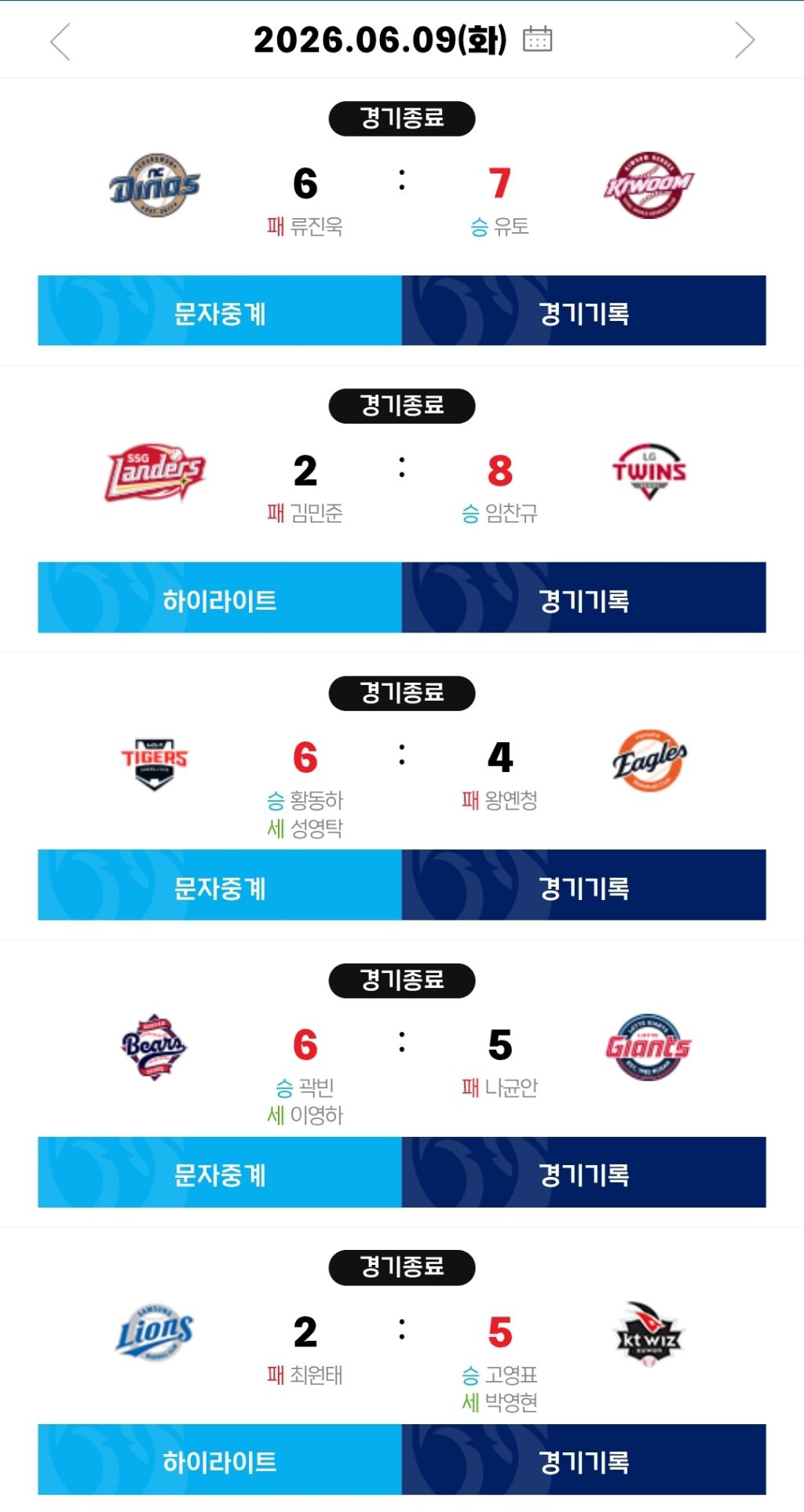 [KBO]-6월-9일-프로야구-결과-및-순위-(+내일-선발)-0-이미지