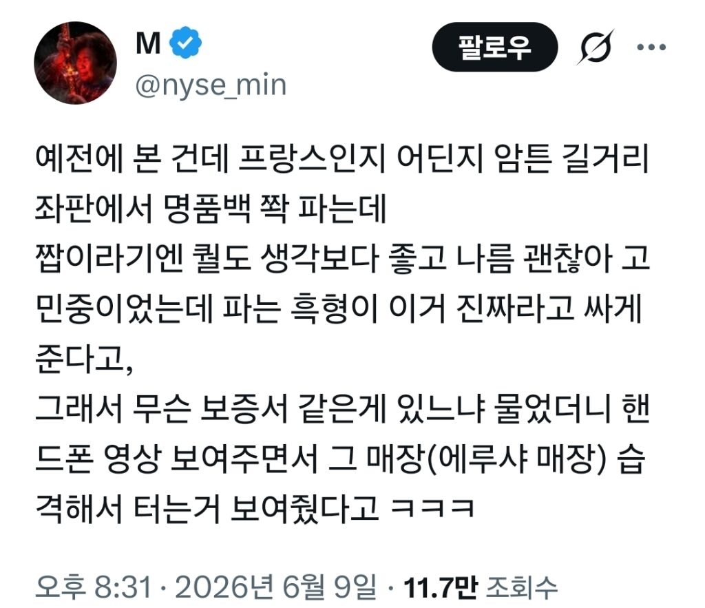 프랑스인지-길거리-좌판에서-명품백-쫙-파는데-짭이라기엔-퀄도-생각보다-좋고-나름-괜찮아-고민중이었는데-파는-흑형이-이거-진짜라고.twt-0-이미지